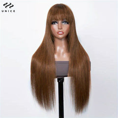 Brown Long Straight Hair Wig with Bangs Glueless Layer Cut Human Hair Wig