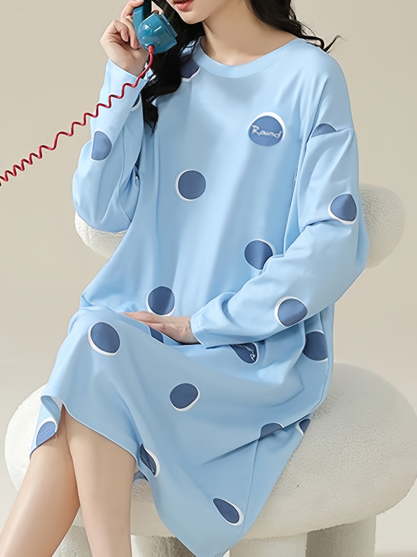 Polka Dot Print NightDress Long Sleeve Pajama Dress