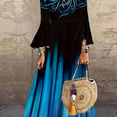 Baroque & Ombre Print Bell Sleeve Maxi Dress
