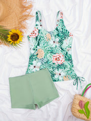 Tropical Leaf Print Tankini Set with High Waist Boxer Shorts