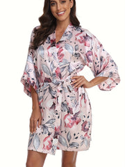 Floral Print V-Neck Night Robe With Belt