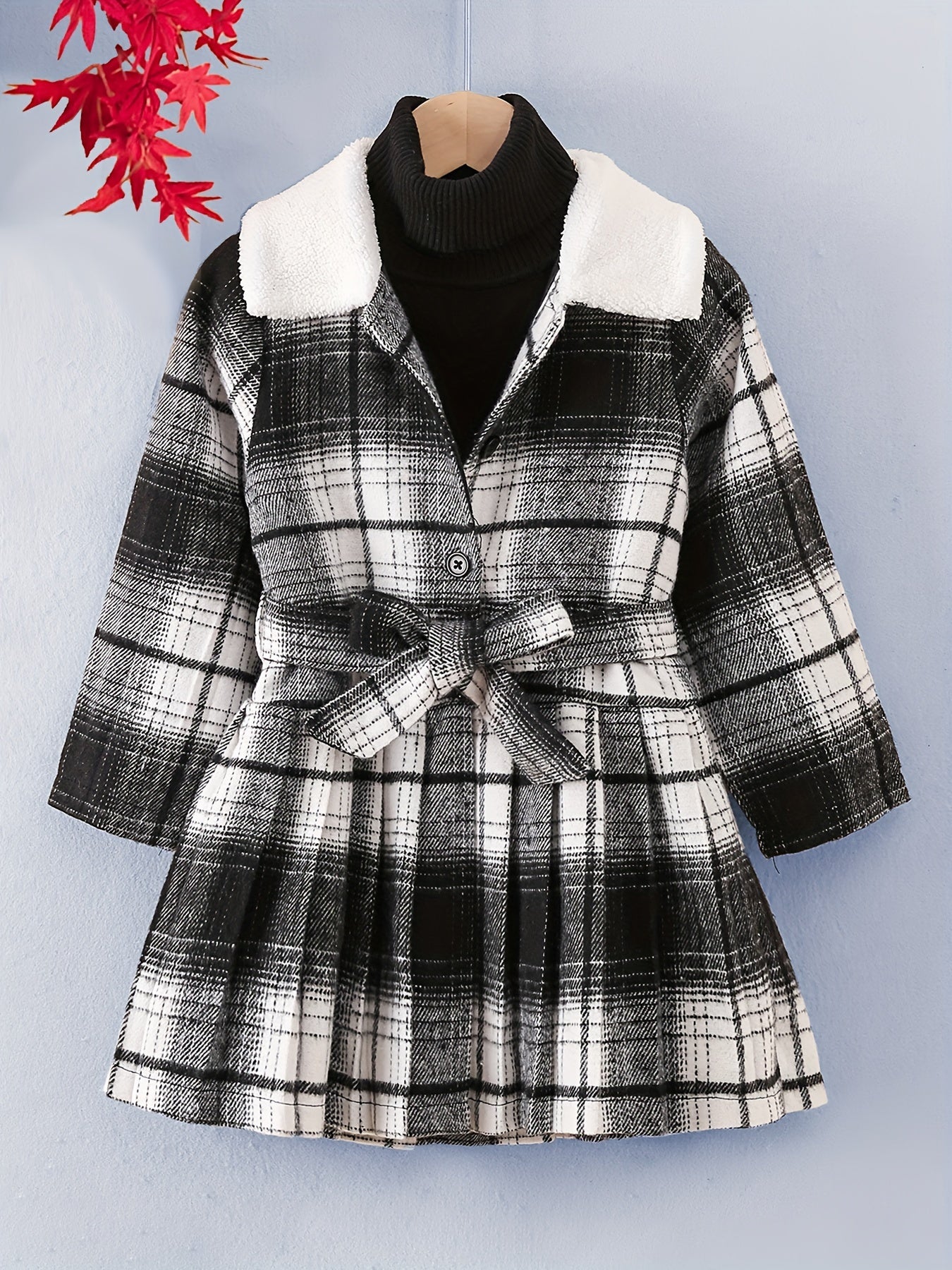 Girls Fleece Collar Plaid Style Open Front Dress