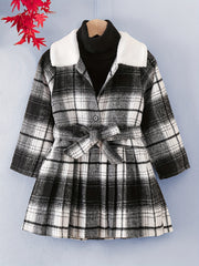Girls Fleece Collar Plaid Style Open Front Dress