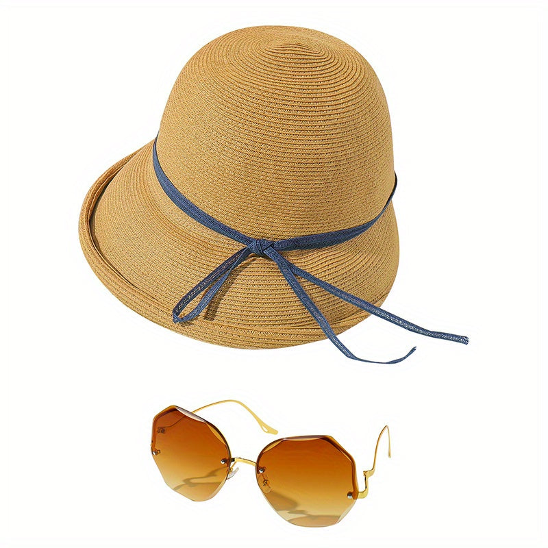 2pcs Stylish Hat Sunglasses Set for Women Sun Beach