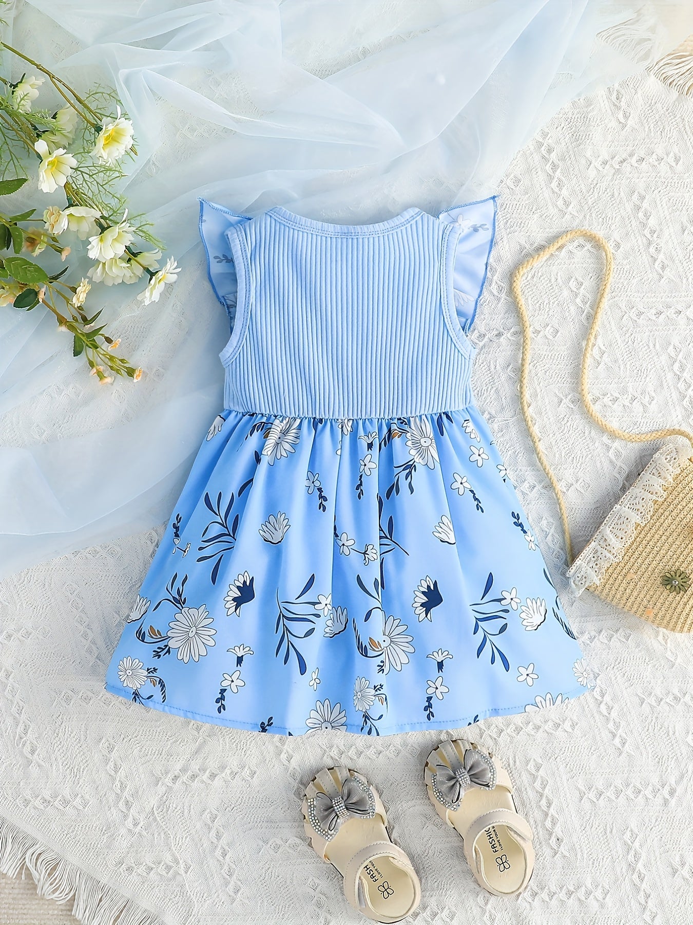 Baby Girls Floral Sleeveless Dress with Bowknot