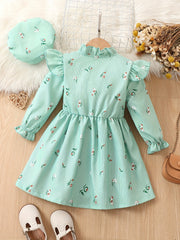 Girls Ruffle Collar Floral Dress And Hat Set
