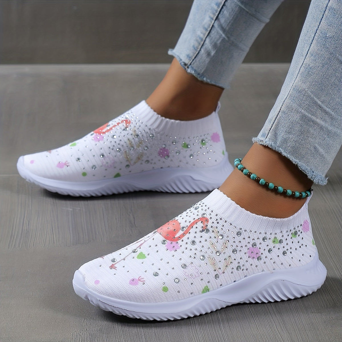 Women's Cartoon Pattern Sock Shoes Casual Rhinestone Decor Low Top