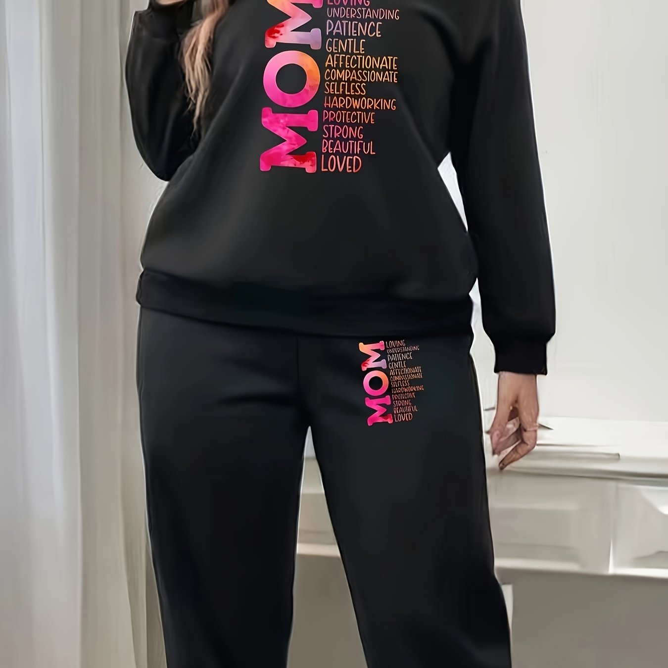 Women's Plus Ombre Letter Print Long Sleeve Fleece Pullover Top & Joggers Set