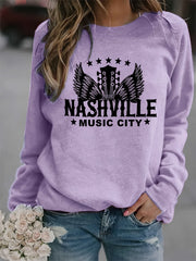 Nashville Music City Print Sweatshirt Long Sleeve Crew Neck