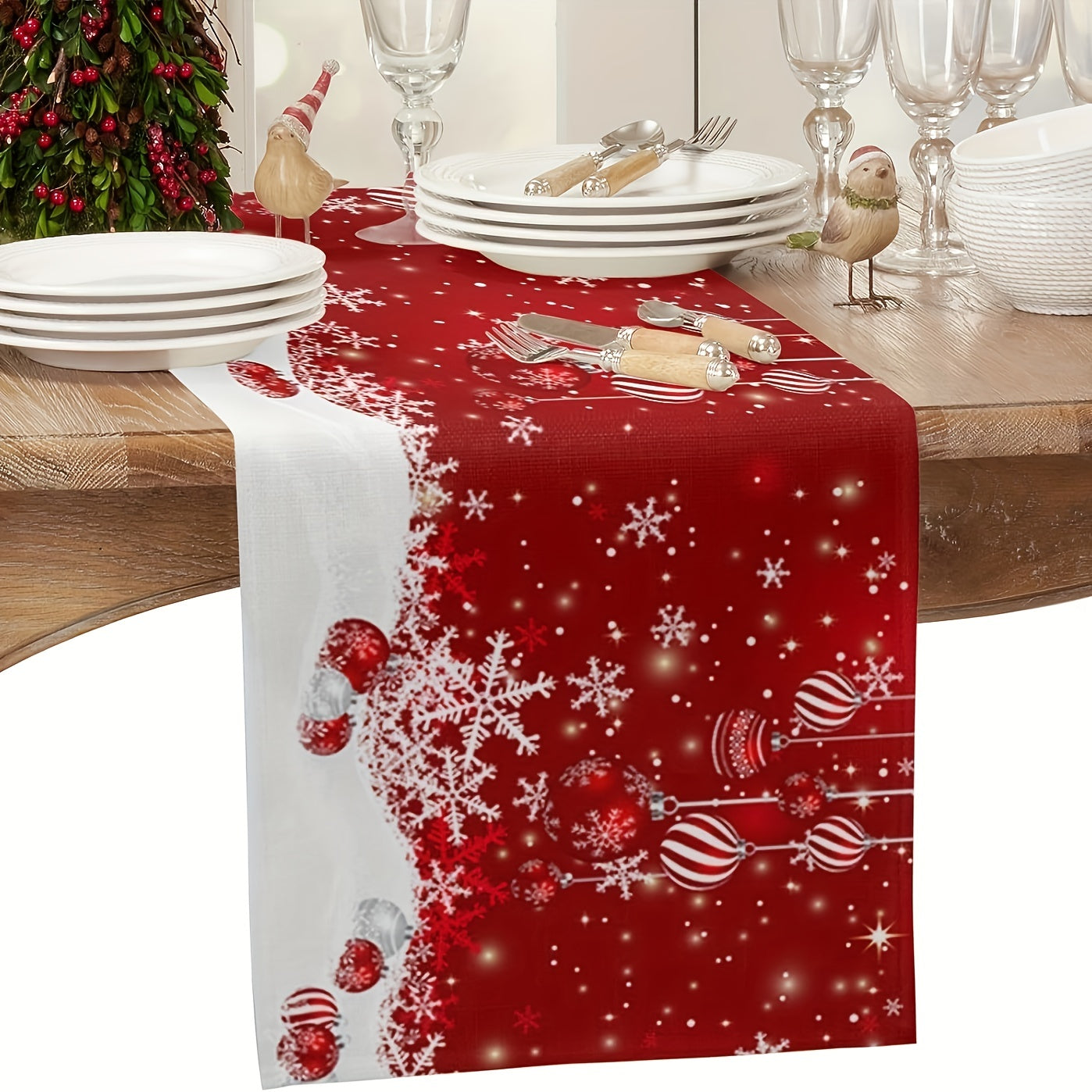 Linen Table Runner Merry Christmas Snowman Pattern Table Cover