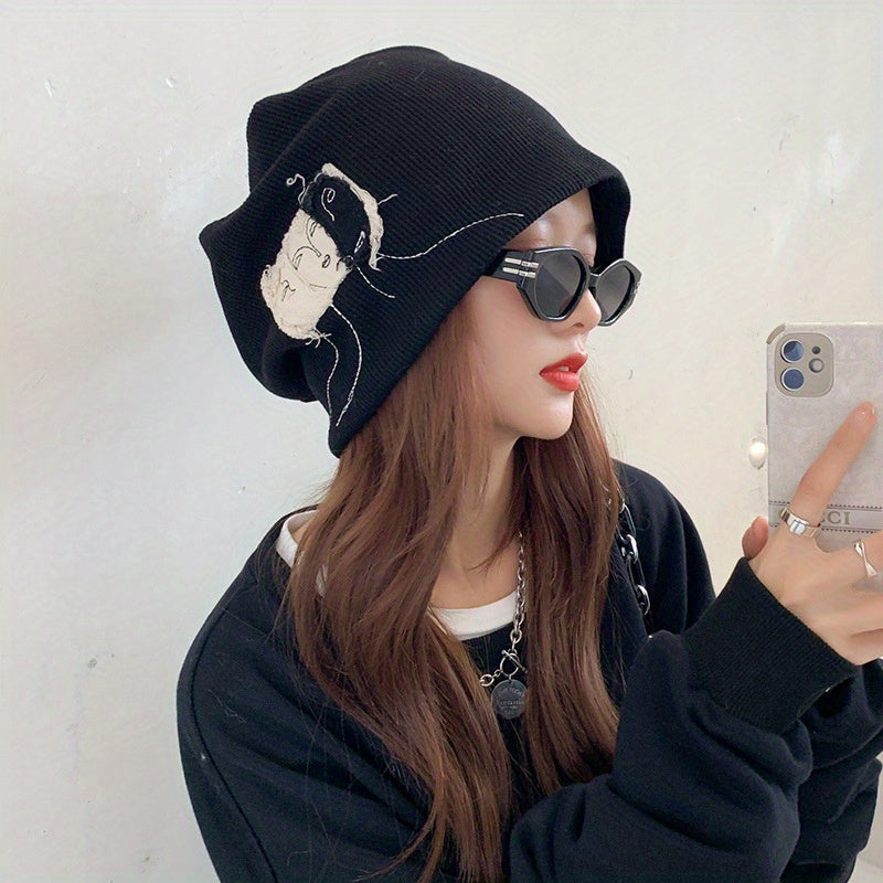 Face Graphic Patch Beanie Solid Elastic Knit Hat Hip Hop Lightweight Skull Hat