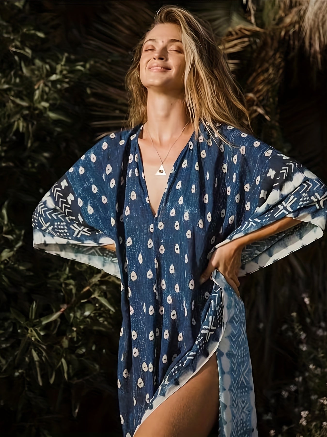 Navy Allover Print Kaftan Cover Up Dress V Neck Boho Style Beach Kimono