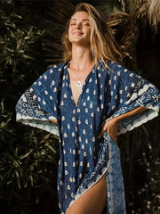 Navy Allover Print Kaftan Cover Up Dress V Neck Boho Style Beach Kimono