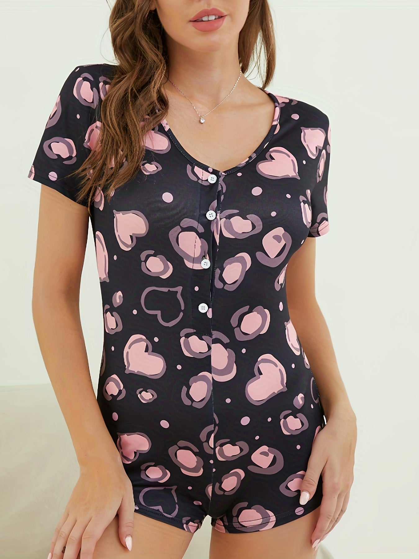 Heart Print Lounge Bodysuit Button Front Romper Women's Pajamas