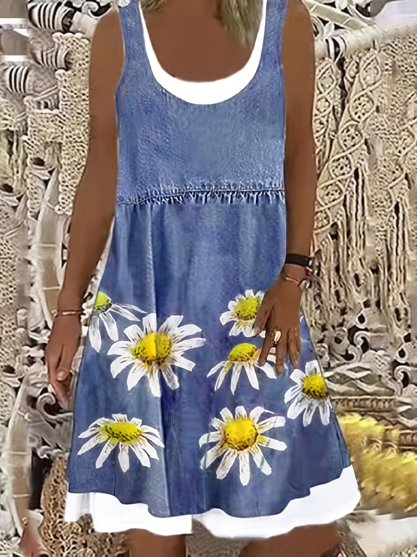 Colorblock Denim Print Tank Dress Round Neck
