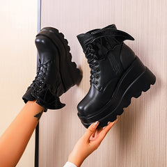 Gothic Platform Ankle Boots Lace Up Round Toe Wedge Heel Punk Short Boots