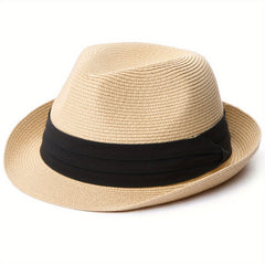 Short Brim Sun Hat Foldable Straw Jazz Hat Fedora Cap Outdoor Beach Hat