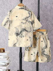 2pcs Toddler Boys Ink Painting Graphic Button Drop Shoulder Shirt Tops