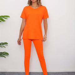 2pcs Casual Sports Suits Short Sleeve Crew Neck T shirts & Leggings Sets