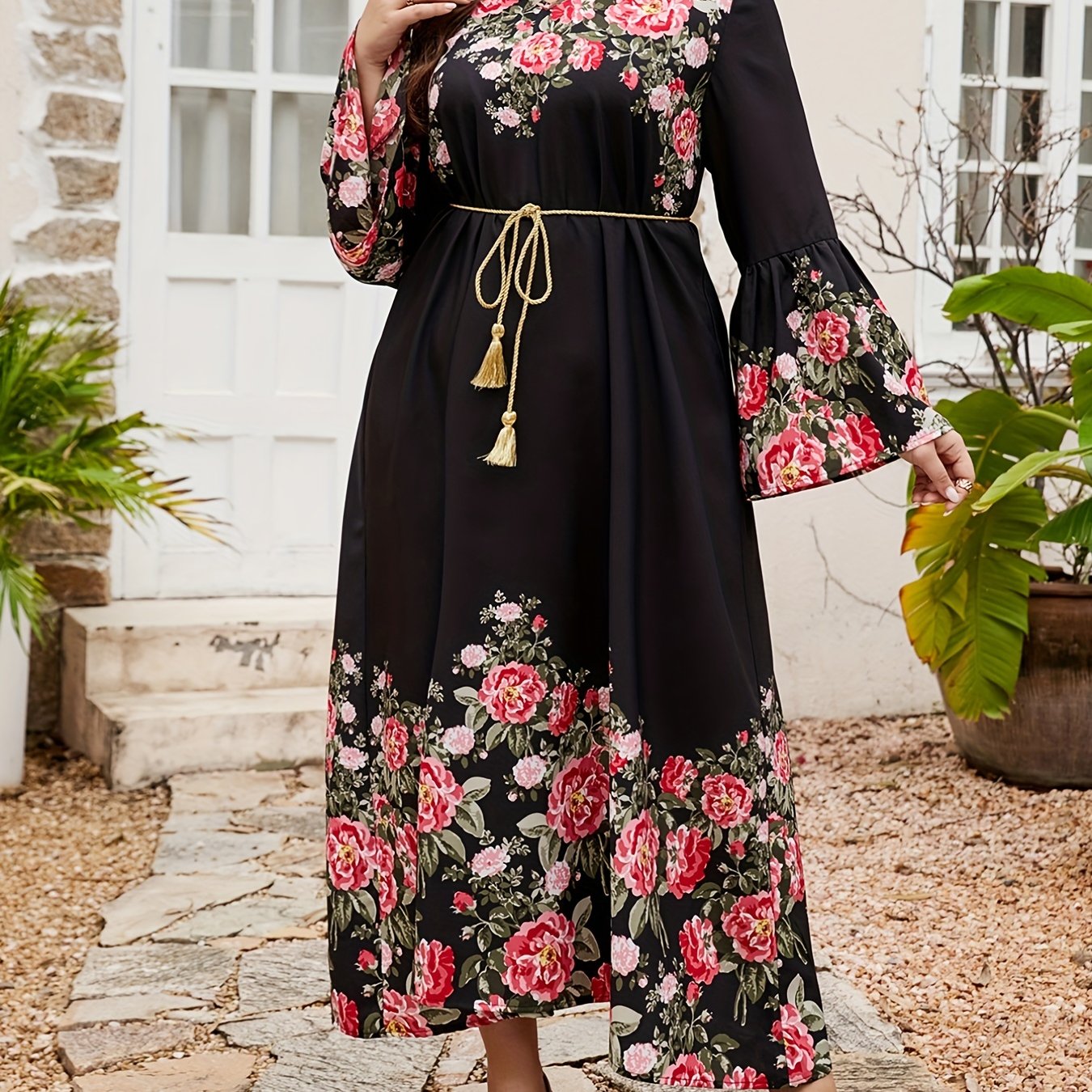 Women's Plus Floral Bell Sleeve Maxi Dress