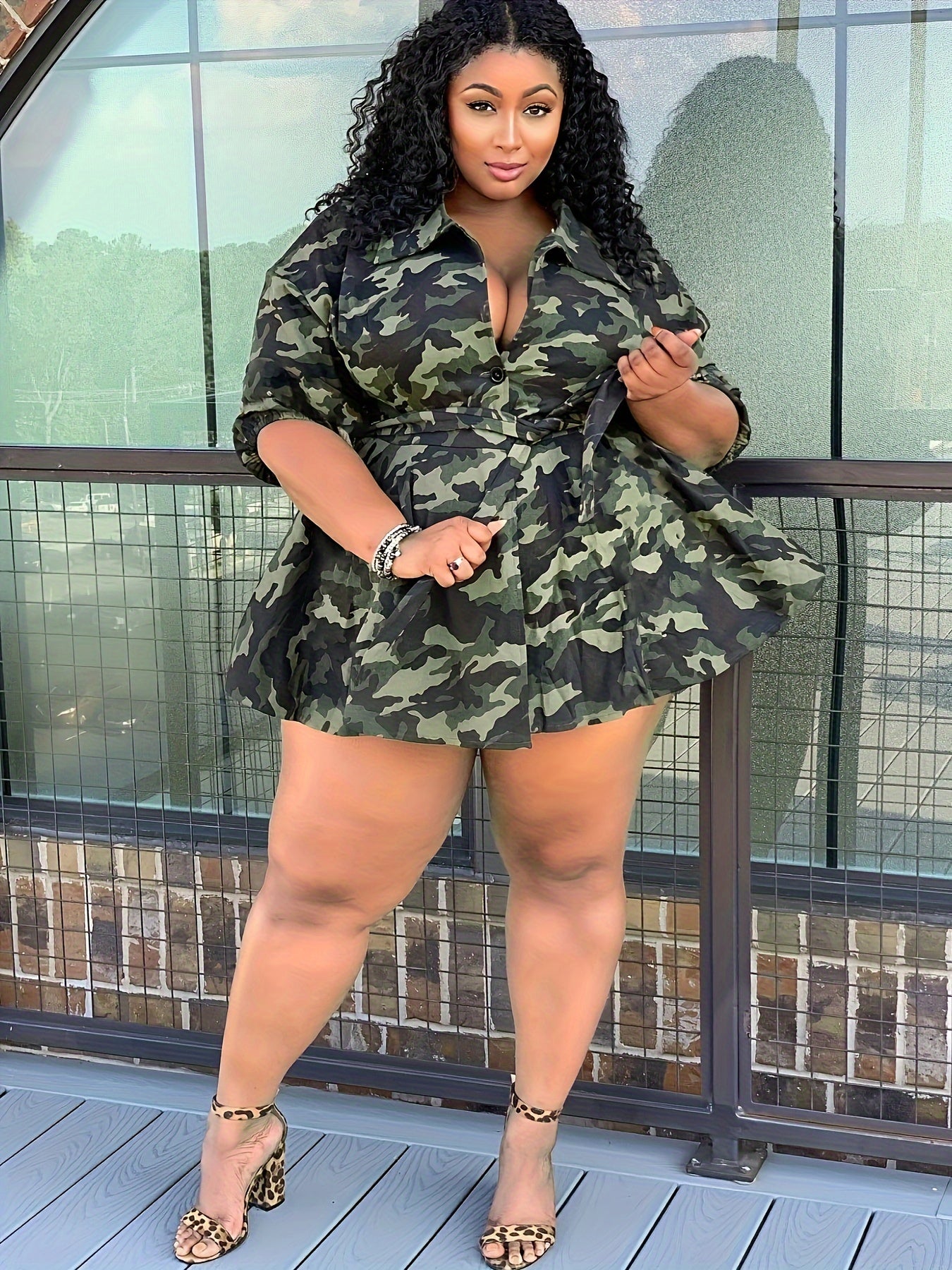 Camo Half Sleeve Button Up Mini Dress With Belt