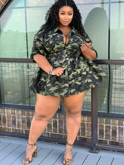 Camo Half Sleeve Button Up Mini Dress With Belt