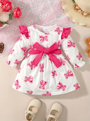 Baby Girls Bear Print Flying Sleeve Dress with Belt