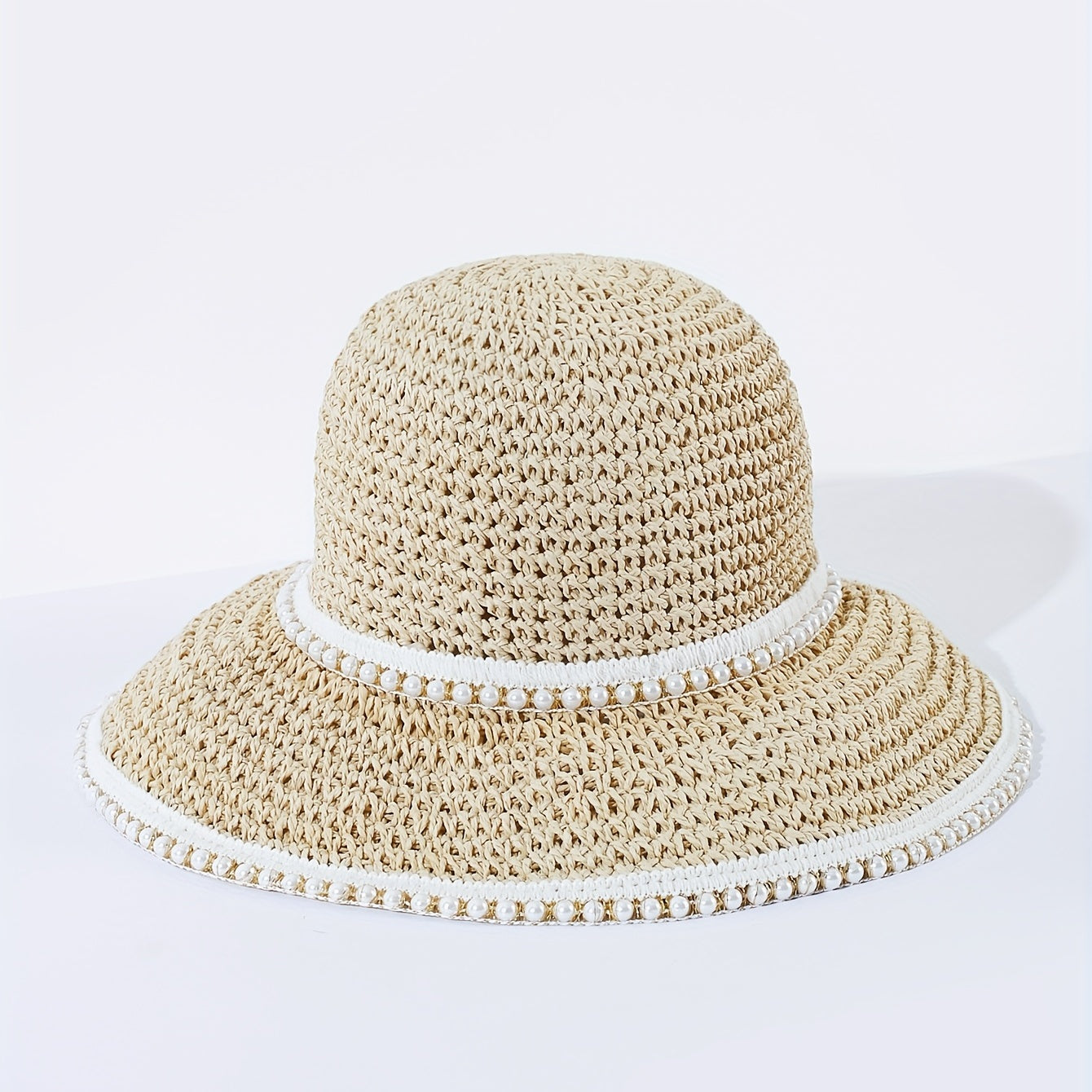 Beige Faux Pearl Decor Bucket Hat Crochet Summer Straw Sun Hats