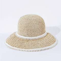 Beige Faux Pearl Decor Bucket Hat Crochet Summer Straw Sun Hats