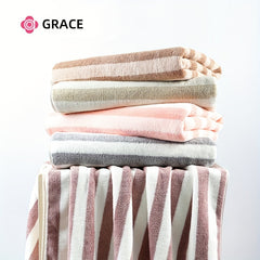 3pcs Striped Pattern Towel Set Absorbent Bath Hand Face Towel Hair Drying Cap