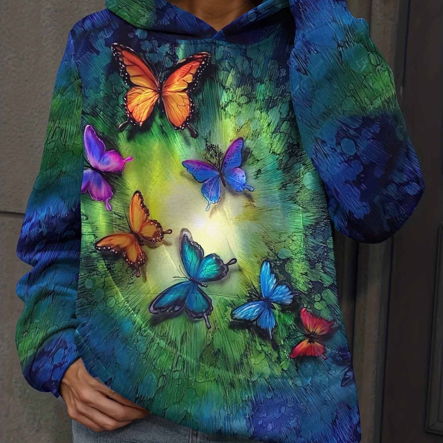 Butterfly Print Kangaroo Pocket Hoodie Long Sleeve Sweatshirt