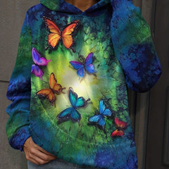 Butterfly Print Kangaroo Pocket Hoodie Long Sleeve Sweatshirt