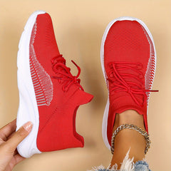 Women's Red Knit Sneakers Lightweight Low Top Lace Up Walking Shoes