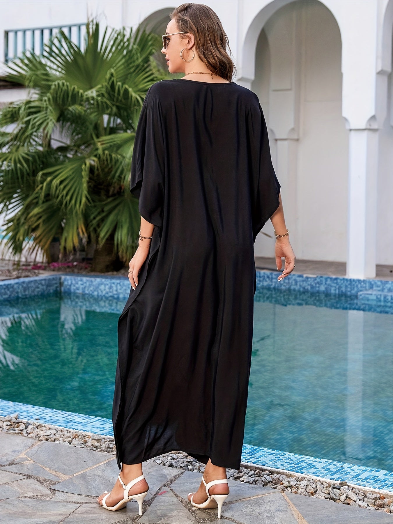 Boho Kaftan Dress Women's Plus Floral Embroidered Bat Sleeve