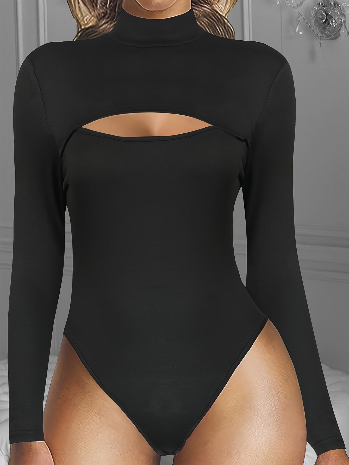 Solid Cut Out Long Sleeve Mock Neck Bodysuit
