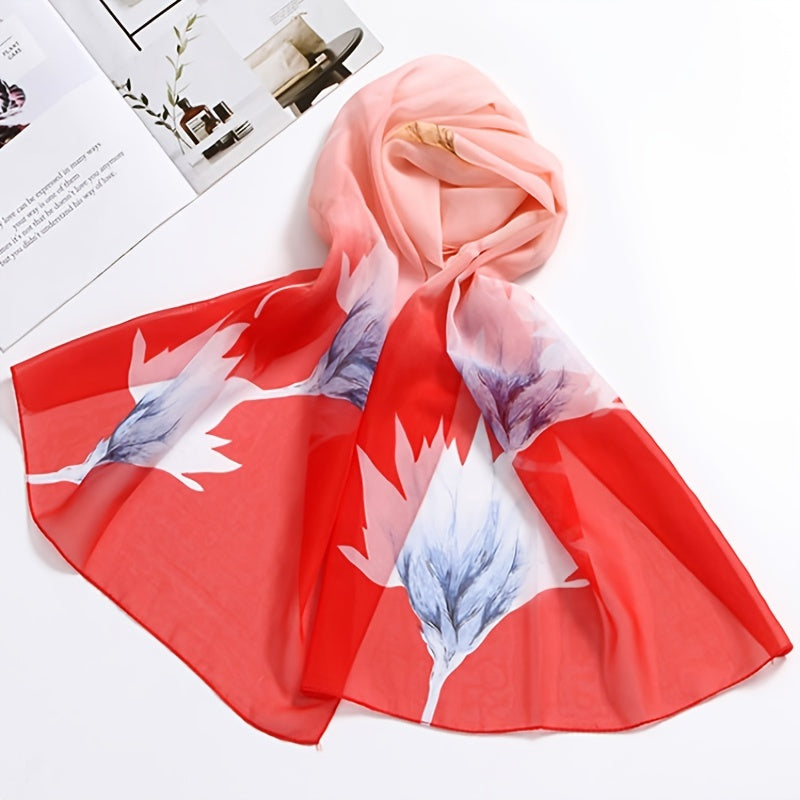 Lotus Print Gauze Scarf Thin Casual Shawl Women Outdoor Windproof Wraps