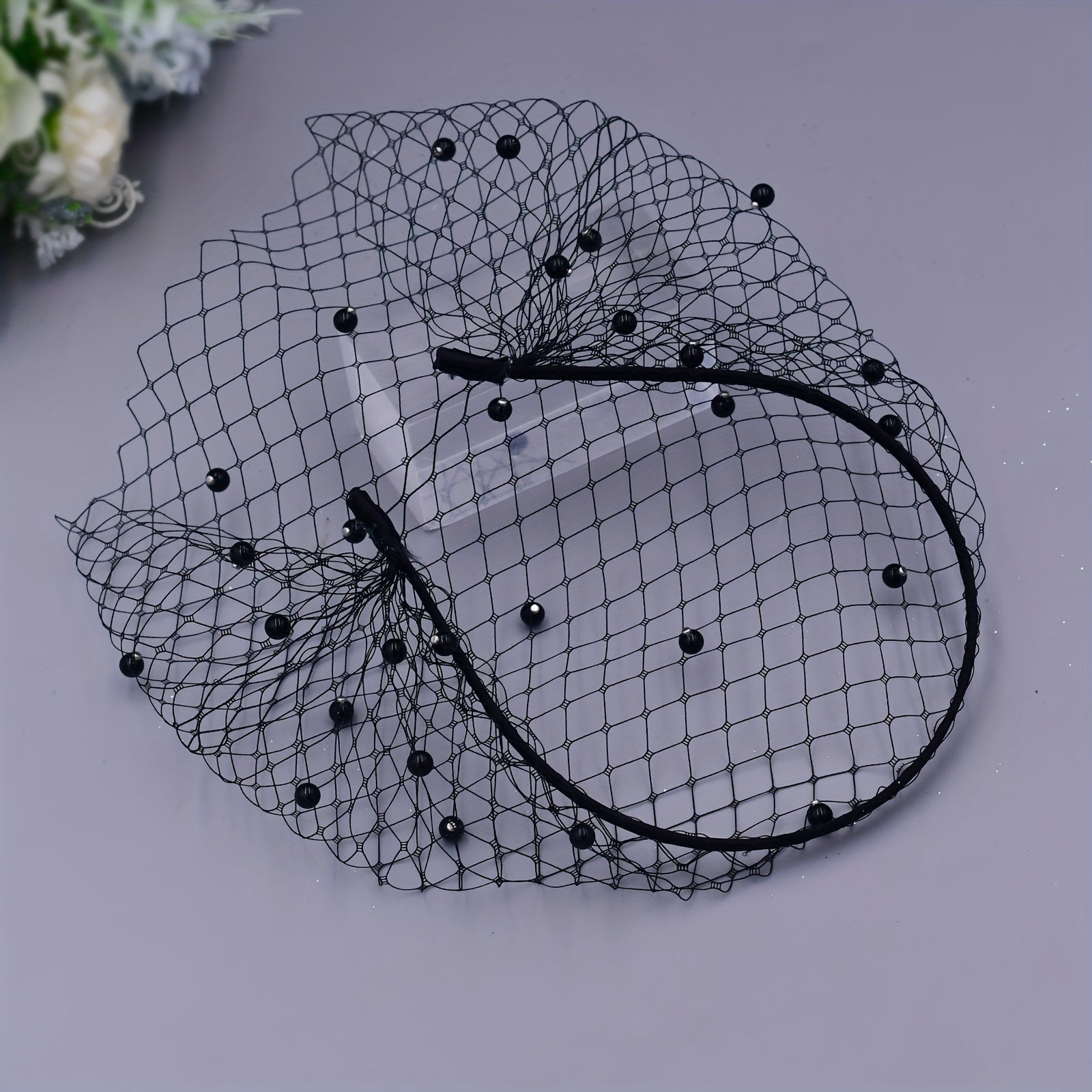 Beaded & Faux Birdcage Veil Headband for Bridal Showers Weddings Parties