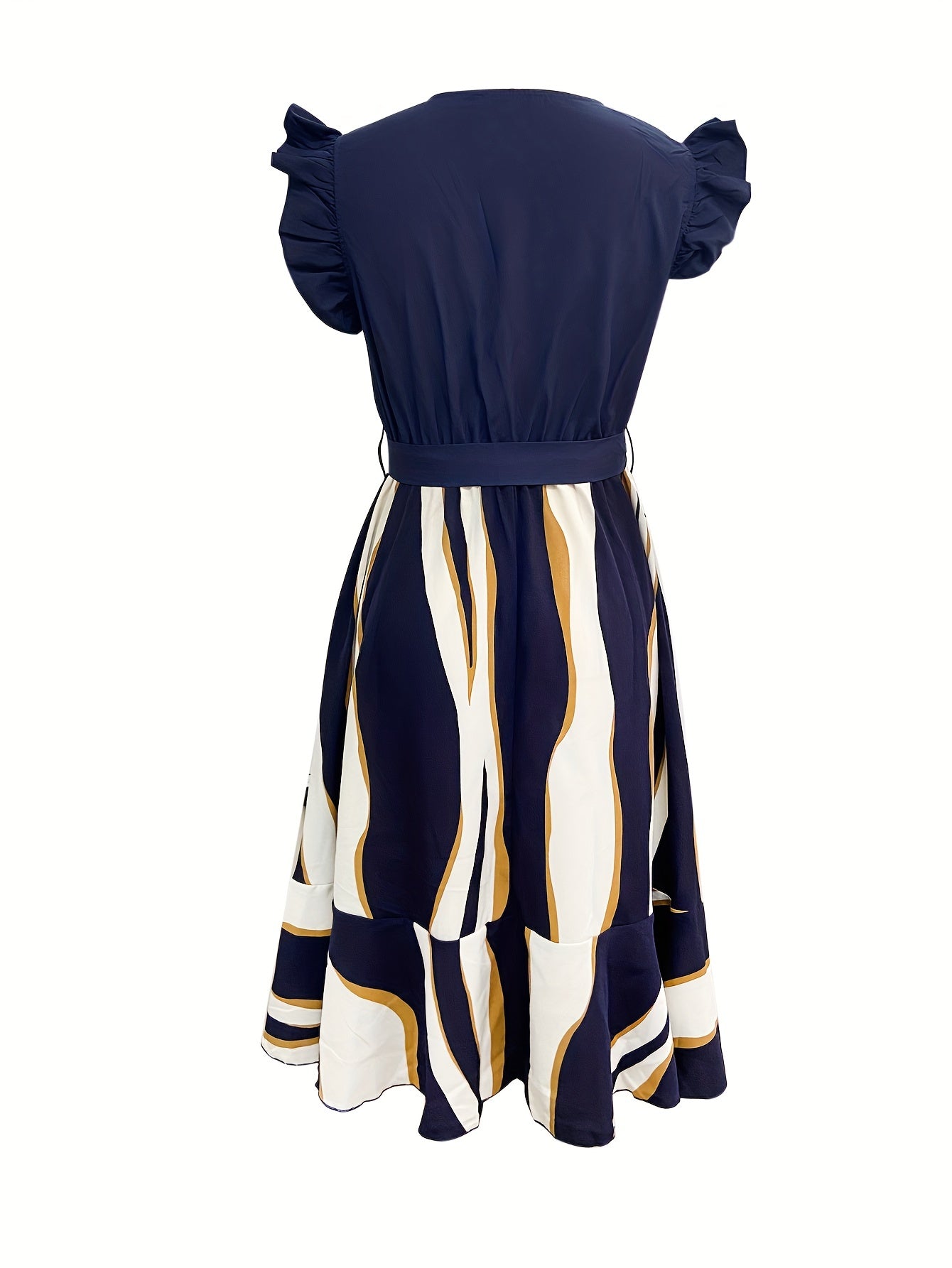 Abstract Striped Print Dress Surplice Neck Ruffle Trim Dress