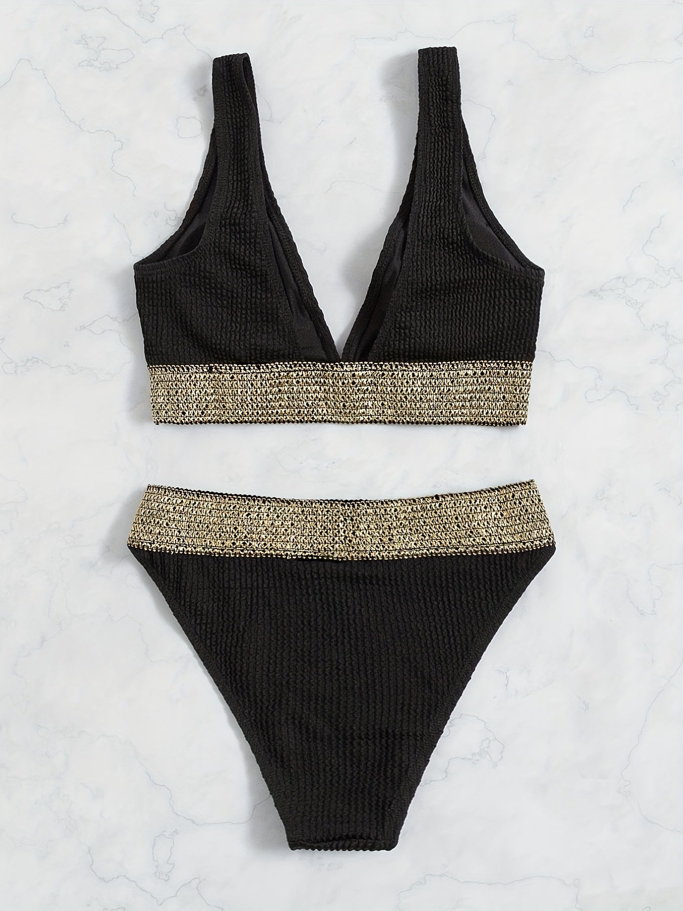 V Neck Striped Band Bikini Set High Cut Swimsuit