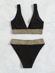 V Neck Striped Band Bikini Set High Cut Swimsuit