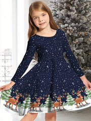 Snowflake Graphic Long Sleeve Dress Girls Comfy Dresses For Christmas