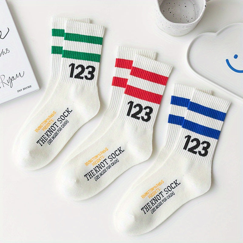 3 Pairs Letter Print Striped Socks Comfy & Breathable Street Sports Socks