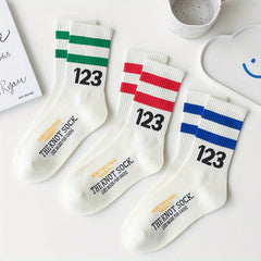 3 Pairs Letter Print Striped Socks Comfy & Breathable Street Sports Socks