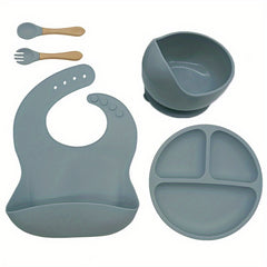 Silicone Baby Tableware Set Non Slip Feeding Bowl Plates Spoons Straw Cup