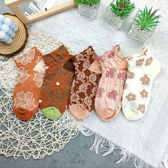 5 Pairs Floral Print Short Socks Retro Style All match Textured Socks