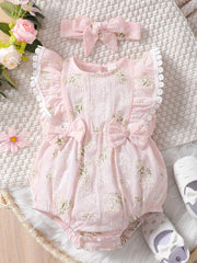 2pcs Baby Girls Floral Sleeveless Onesie & Headband Set