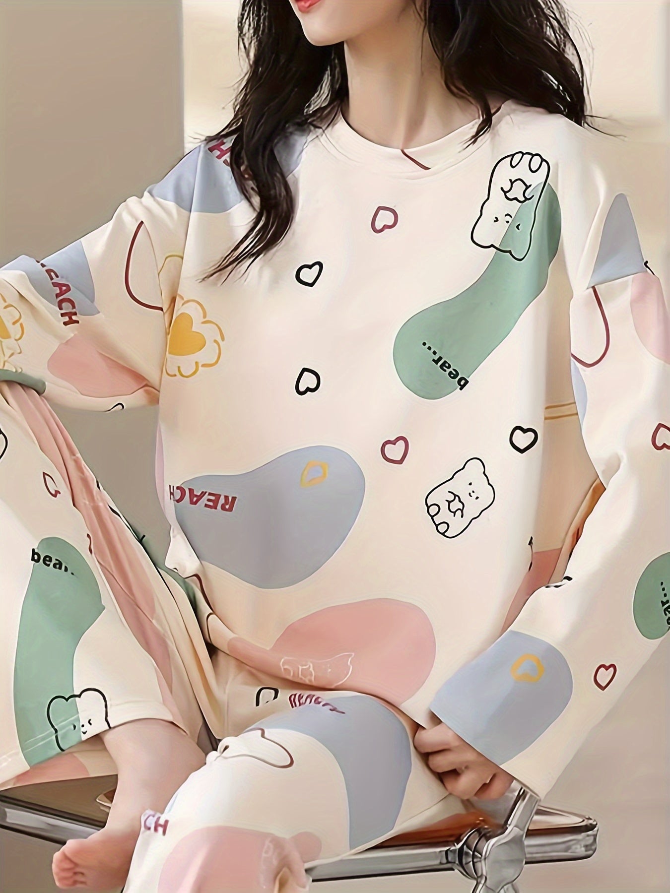 Cartoon Print Pajama Set Long Sleeve Top & Elastic Waistband Pants