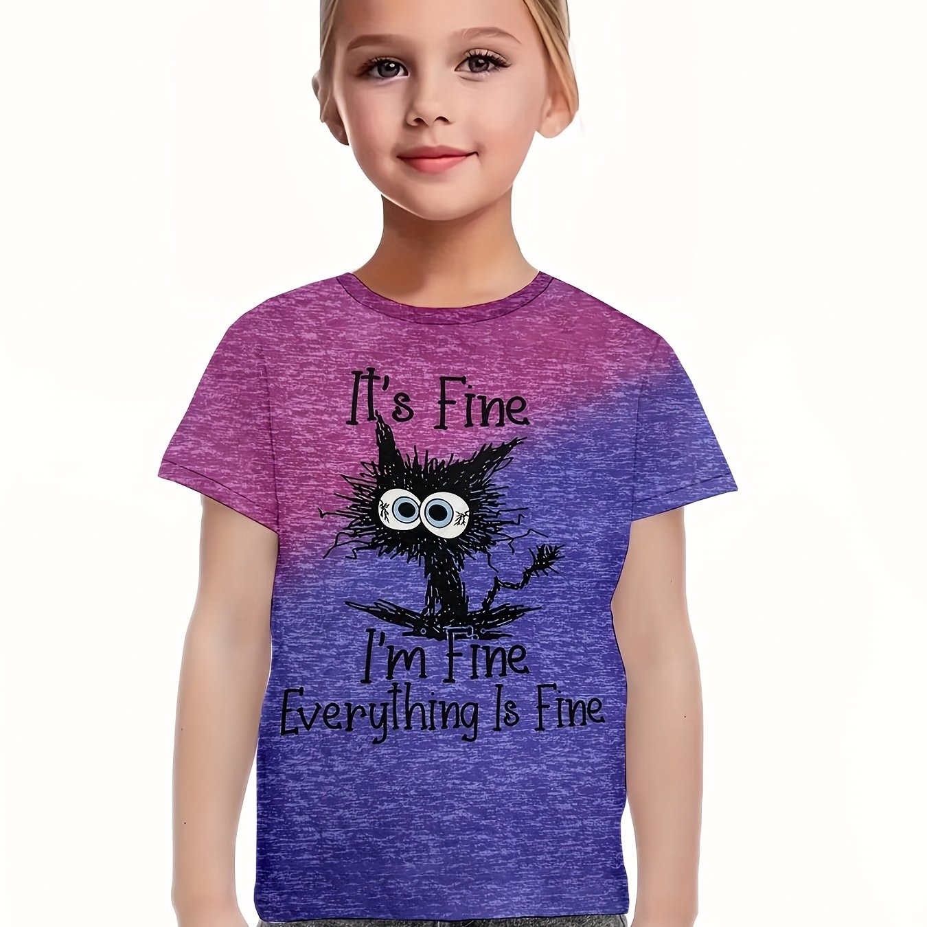 3D Creative Cat Graphic Short Sleeve T-Shirt For Kids