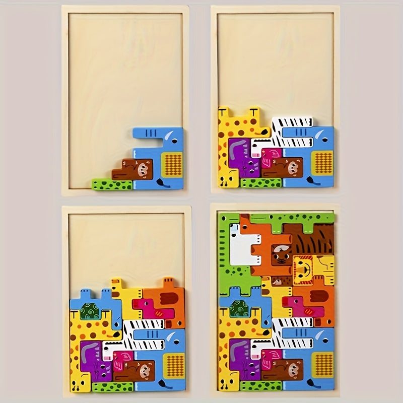 Wooden Animal & Traffic Building Block Puzzle Set with Recognition Board