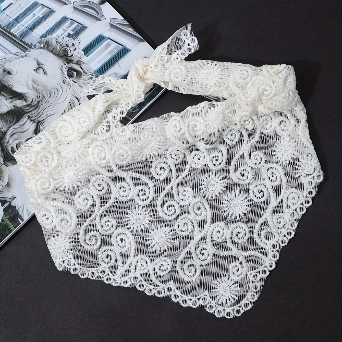 Vintage Lace Triangle Scarf Solid Wave Sun Embroidery Mantilla Head Covering